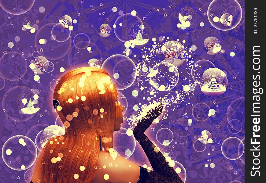 Illustration of beautiful 3d girl blows snow on christmas background with bubbles. Illustration of beautiful 3d girl blows snow on christmas background with bubbles.