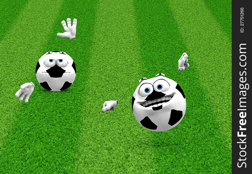 Illustration of 3d soccer ball smilies on green grass. Illustration of 3d soccer ball smilies on green grass.