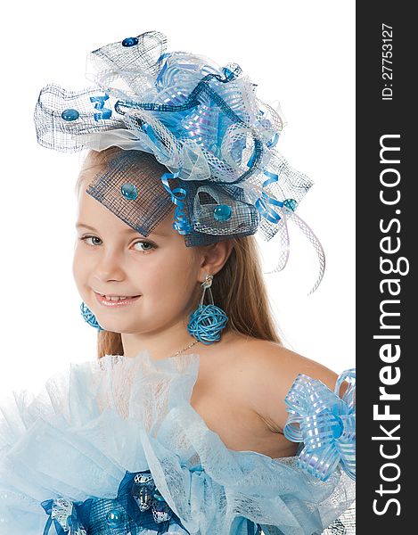 Close-up portrait of a pretty girl  in the decoration of elegant headdress posing in the studio. Close-up portrait of a pretty girl  in the decoration of elegant headdress posing in the studio