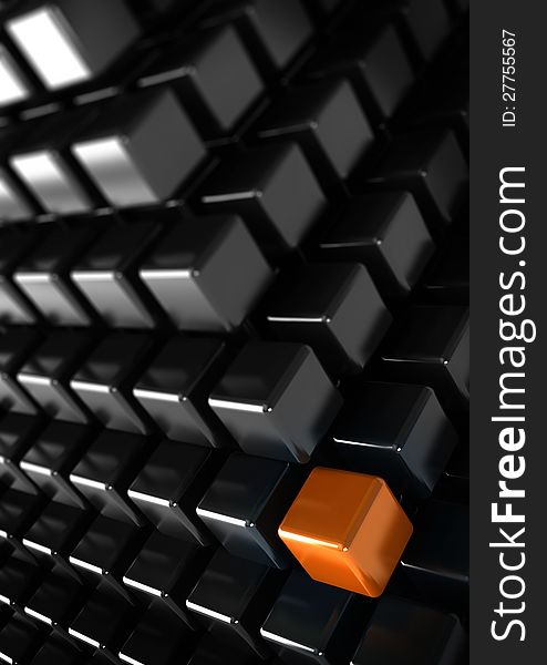 Orange cube with many black cubes, unique or difference concept, vertical business background. Orange cube with many black cubes, unique or difference concept, vertical business background