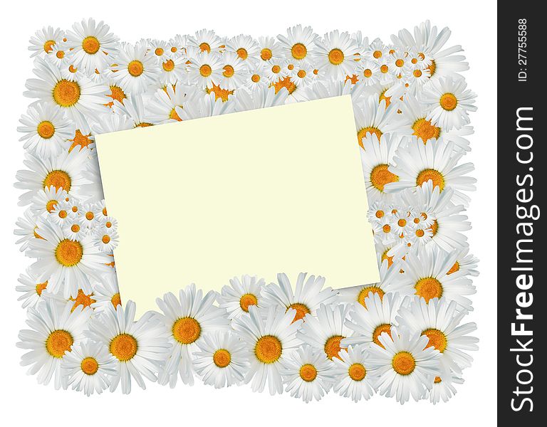 Blank yellow card on background of beautiful daisy flowers. Blank yellow card on background of beautiful daisy flowers