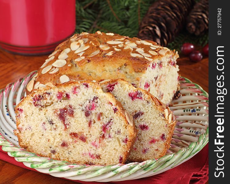 Sliced cranberry and nut bread on a plate. Sliced cranberry and nut bread on a plate