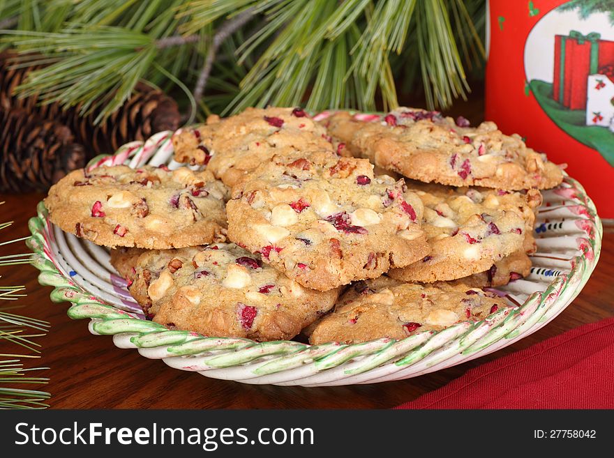 Plate of cranberry and nut Christmas cookies. Plate of cranberry and nut Christmas cookies