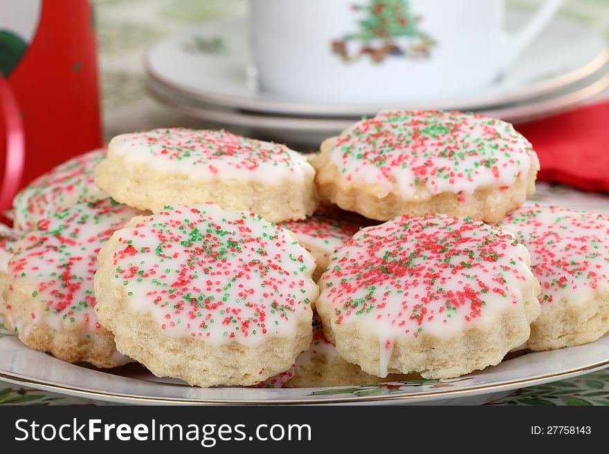 Closeup of a plate of shortbread Christmas cookies. Closeup of a plate of shortbread Christmas cookies