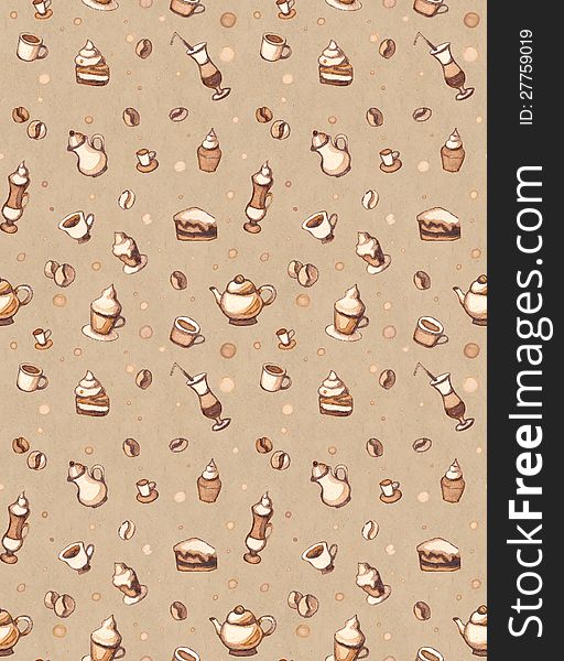Seamless pattern with coffee, cakes, cups, teapots. Seamless pattern with coffee, cakes, cups, teapots