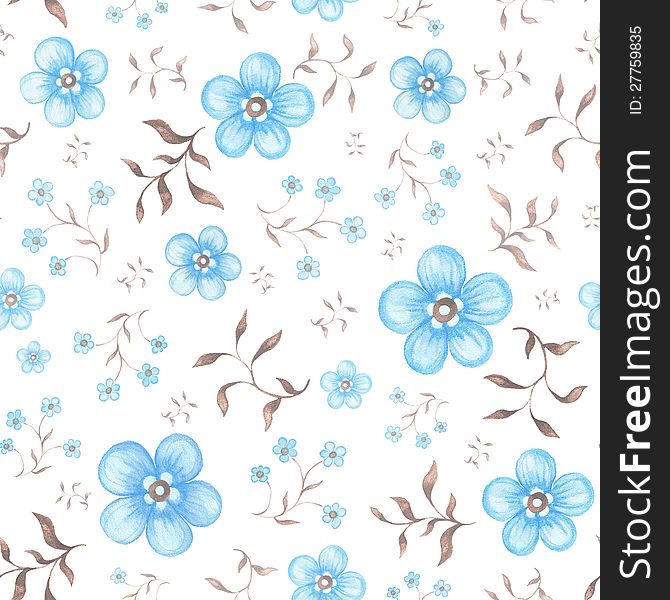 Seamless pattern with blue watercolor flowers