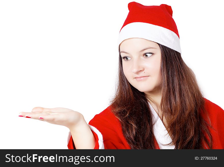 Pretty young girl looking dressed as Santa isolated