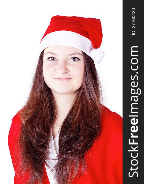 Pretty young lady dressed as Santa Claus isolated