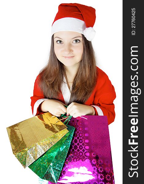 Pretty  lady dressed as Santa with presents