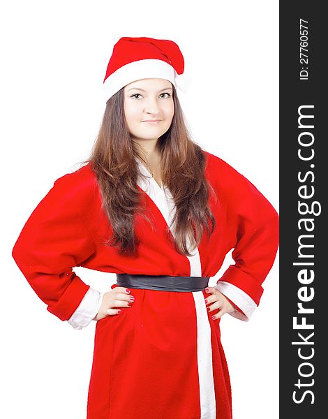 Pretty young girl dressed as Santa isolated on white background