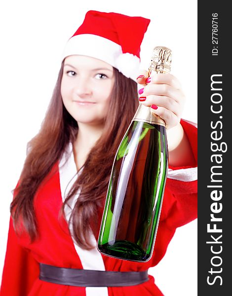 Girl Dressed As Santa Offers Champagne