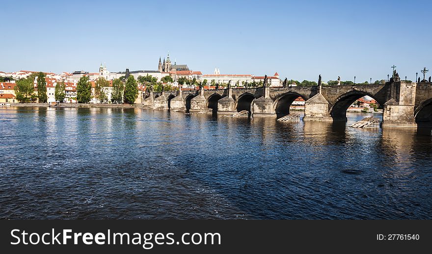 View of the Charles Bridge on the Vltava river in Prague