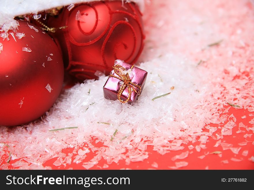 Tree ornaments, wreaths, on a red background. Tree ornaments, wreaths, on a red background