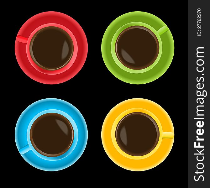 Four colorful cups on black background from above