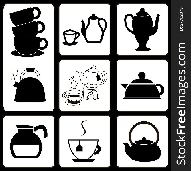 Vector illustration of teapots and cups icons. Vector illustration of teapots and cups icons