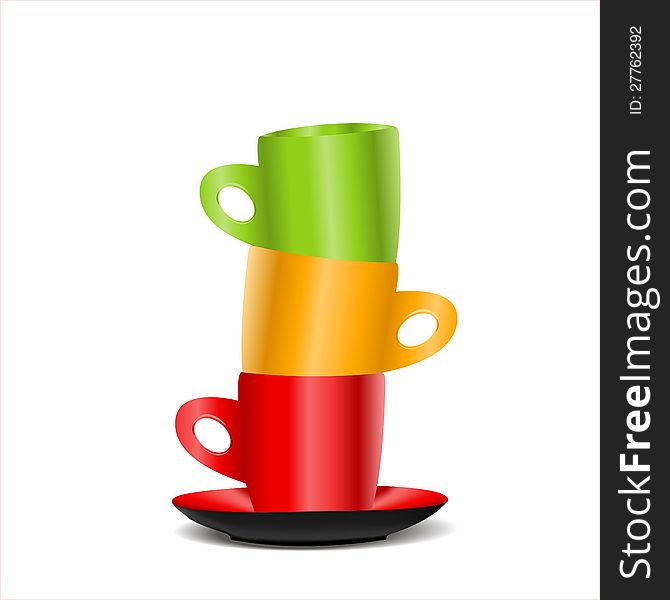 Three colorful cups make a tower on white background. Three colorful cups make a tower on white background