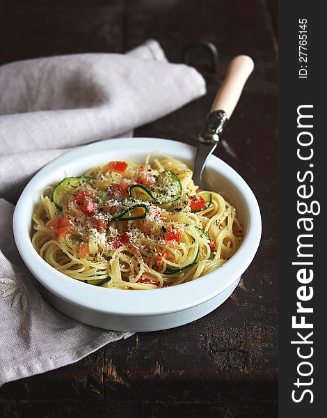 Spaghetti With Vegetables And Parmesan Cheese