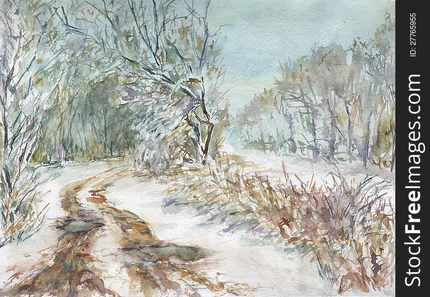 Watercolor painting. Winter landscape.