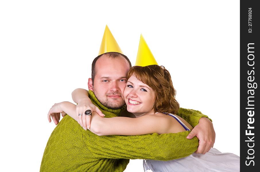 Happy couple celebrating a holiday, isolated on white background