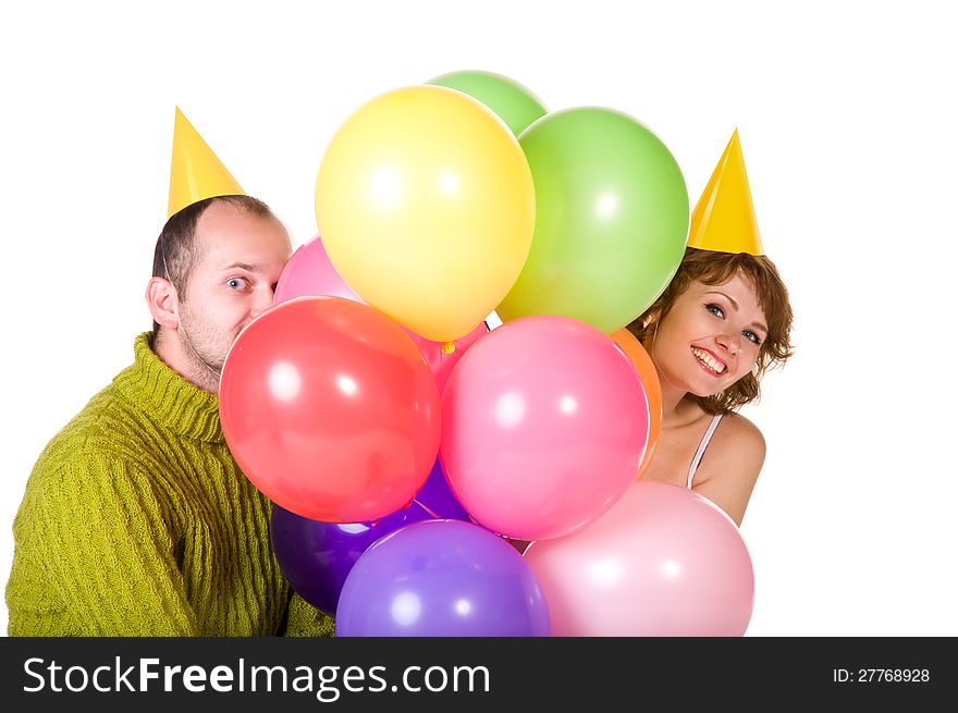 Happy couple celebrating a holiday, isolated on white background