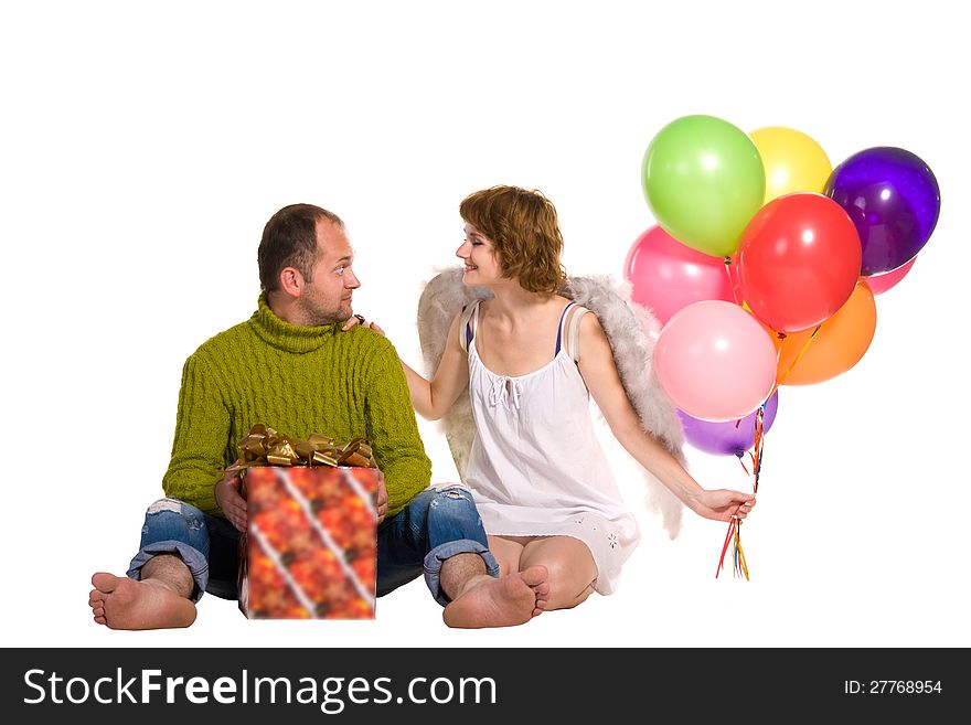 Happy couple celebrating a holiday, isolated on white background