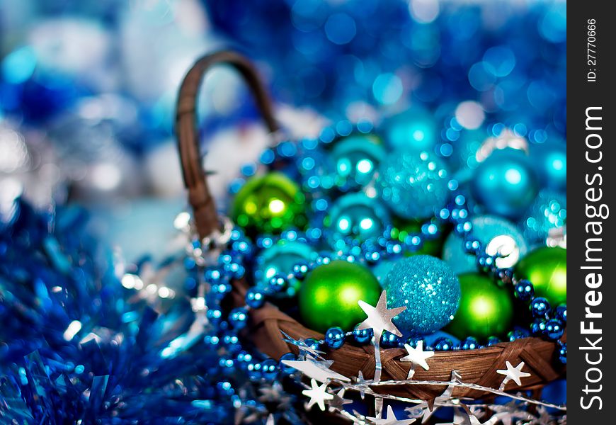 Christmas decoration with different balls and tinsel on white background