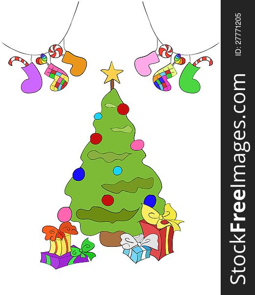 Cheerful bright Christmas illustration of a fir-tree, gifts, and socks with sugar candies. Cheerful bright Christmas illustration of a fir-tree, gifts, and socks with sugar candies