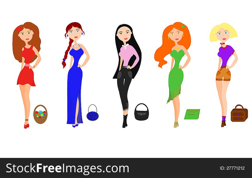 Set of illustrations of young beautiful stylish bright girls in different suits. Set of illustrations of young beautiful stylish bright girls in different suits