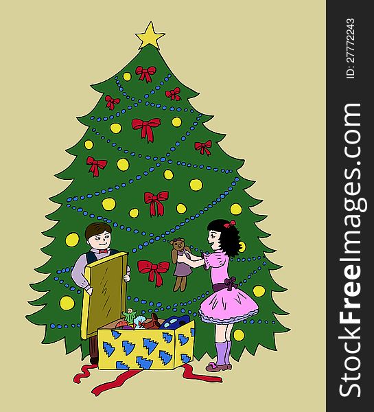 Children with christmas gifts on the background of the huge green conifer