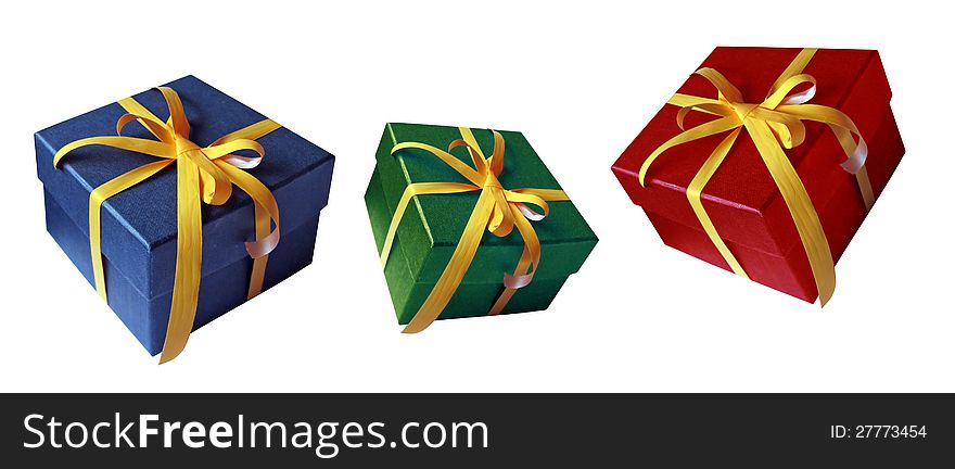 Three colorful gift boxes with ribbon and bow. Isolated on white background