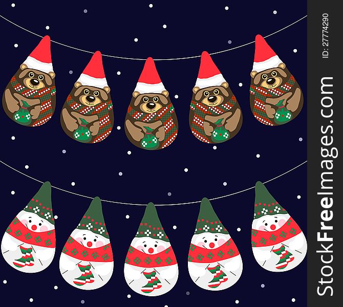 Vector illustration of Christmas garlands with snowmen and bears