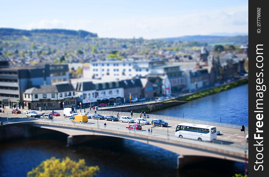 A tilt-shift image of one of the bridges in central Inverness, Scotland