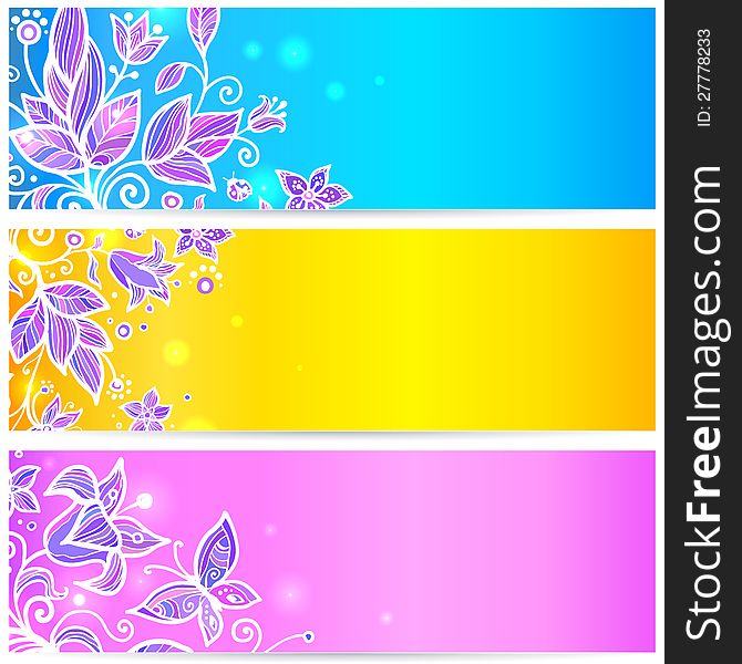 Colorful blue, yellow and violet doodle flowers banners