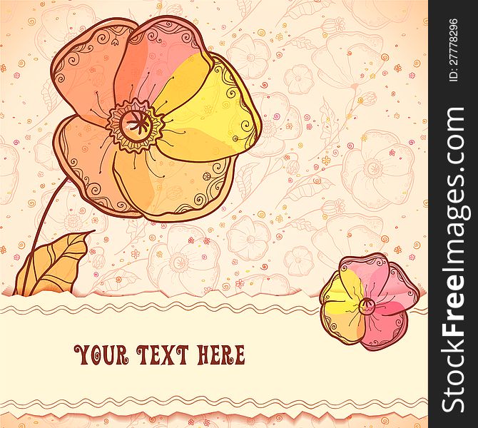 Vintage red, orange and yellow flowers vector greeting card. Vintage red, orange and yellow flowers vector greeting card