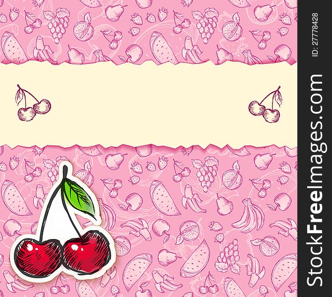 Glamour cherry fruits hand-drawn card. Glamour cherry fruits hand-drawn card
