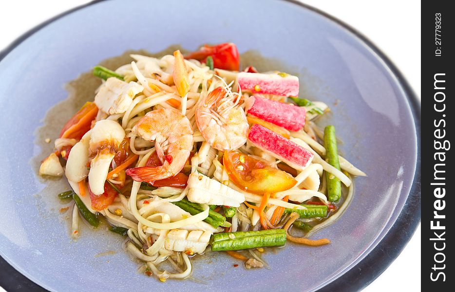 Spicy papaya salad thai food on white background