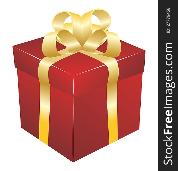 Illustration of red gift box with golden bow on white background.