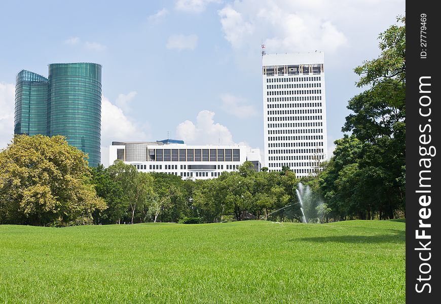 Green field in public park in bangkok