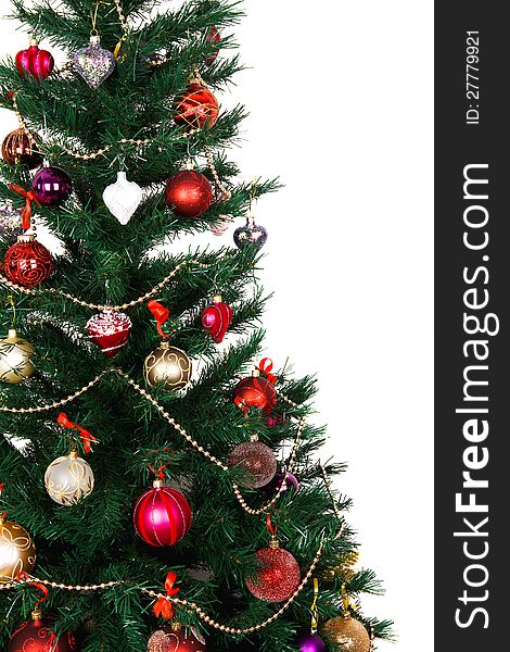 Decorated Christmas tree on white background