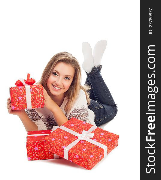 Young Woman Holding Gift, Lies On W