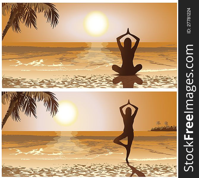 Sunset yoga on the beach in tropical isle
