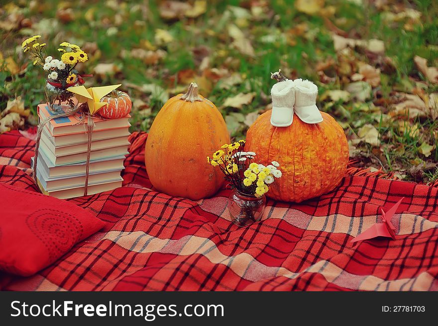 Colorful squash and mini pumpkins with fabric fall leaves for a harvest theme. Colorful squash and mini pumpkins with fabric fall leaves for a harvest theme