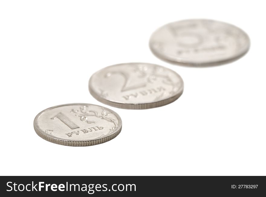 Pile of Russia coins is photographed on the white background