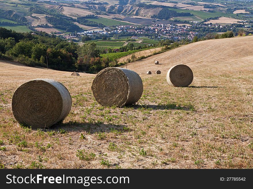 Romagna countryside with bales of hay