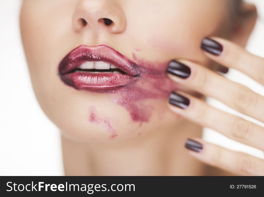 Glamour Red gloss lips closeup studio shoot