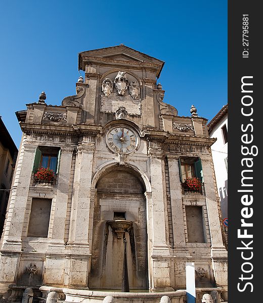 Picture of Clock Tower and Fountain in Spoleto Italy. Picture of Clock Tower and Fountain in Spoleto Italy