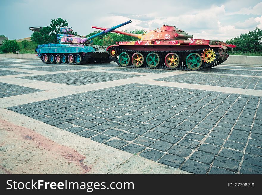 Tanks painted with flowers in Kyiv, Ukraine