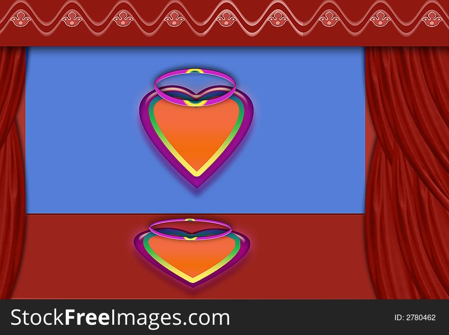 The stage decorated with heart anwith mirror floor. The stage decorated with heart anwith mirror floor