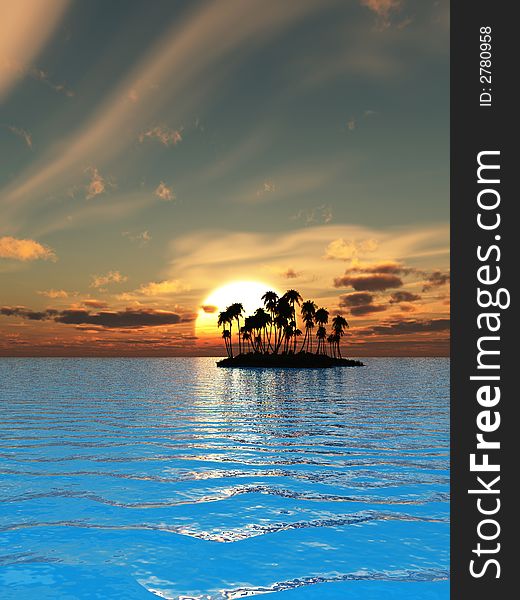 Sunset coconut palm trees on small island - 3d illustration.