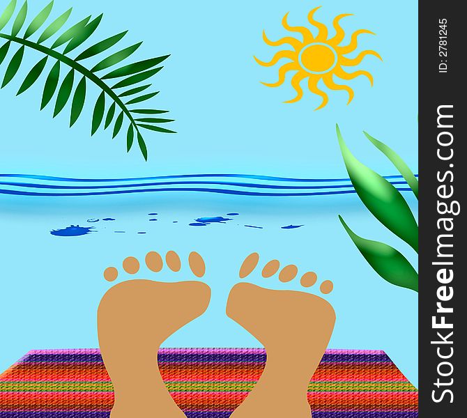 Feet sunbathe on beach towel with ocean background. Feet sunbathe on beach towel with ocean background
